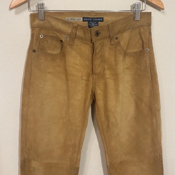 NEW RALPH LAUREN RL Cowboy Boot 100% Leather Pants Distressed Mustard Size 25 - Picture 4 of 8